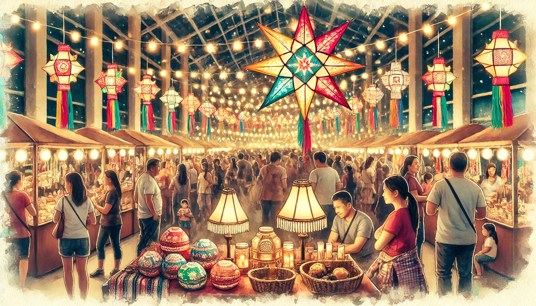 A vibrant indoor Filipino-American Christmas celebration at Pasko sa Nayon, hosted by Fil-Am FEST Inc., featuring festive décor, cultural performances, and a joyful community gathering.