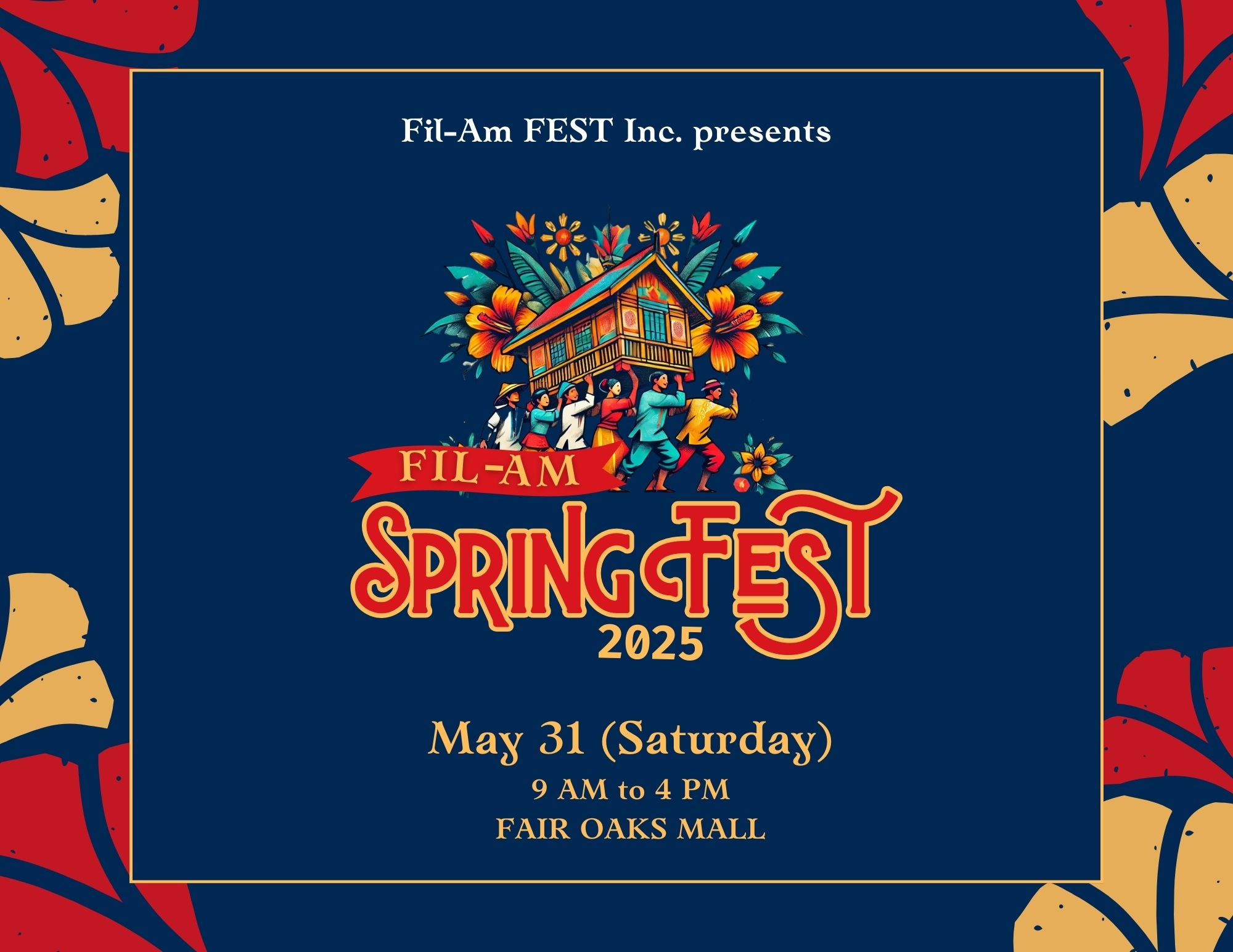 Fil-Am Spring Fest 2025 event flyer featuring Filipino-American cultural performances, food vendors, small businesses, and family-friendly activities in Fairfax, Virginia on May 31, 2025.