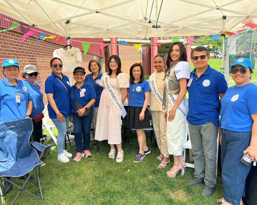 Volunteer nurses from the Philippine Nurses Association of Metro DC (PNAMDC) posing with Miss Philippines-Virginia candidates at Fil-Am Spring Fest 2024 in Falls Churc, Virginia, celebrating Filipino culture and community service.