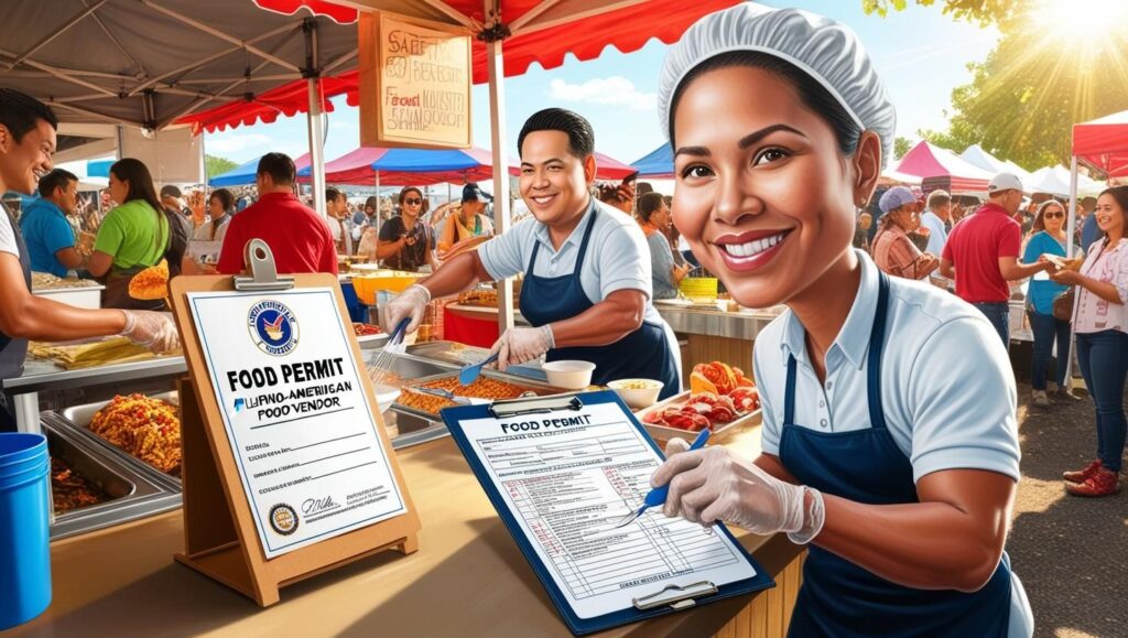 Food vendor at Fil-Am Spring Fest 2025 displaying a required Fairfax County Temporary Food Establishment Permit, preparing food safely with gloves and a hairnet at an outdoor market.